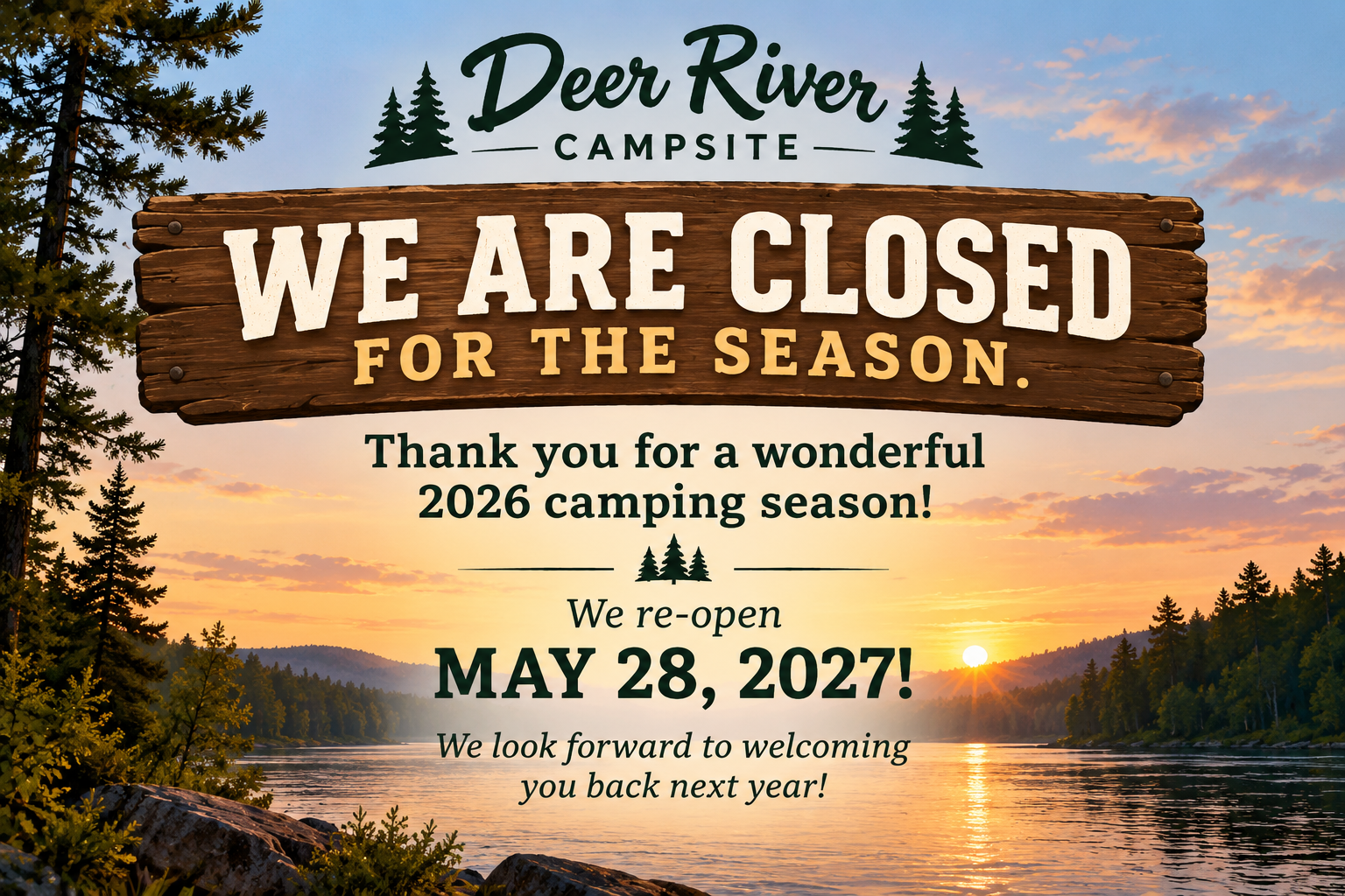 Deer River Campsite closed for the 2026 season and reopening May 28, 2027.
